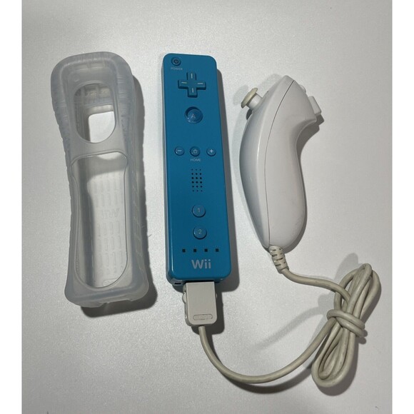 OEM Nintendo Wii Remote Controller Wiimote Blue Teal W/ Nunchuck Silicone Case - Picture 1 of 8